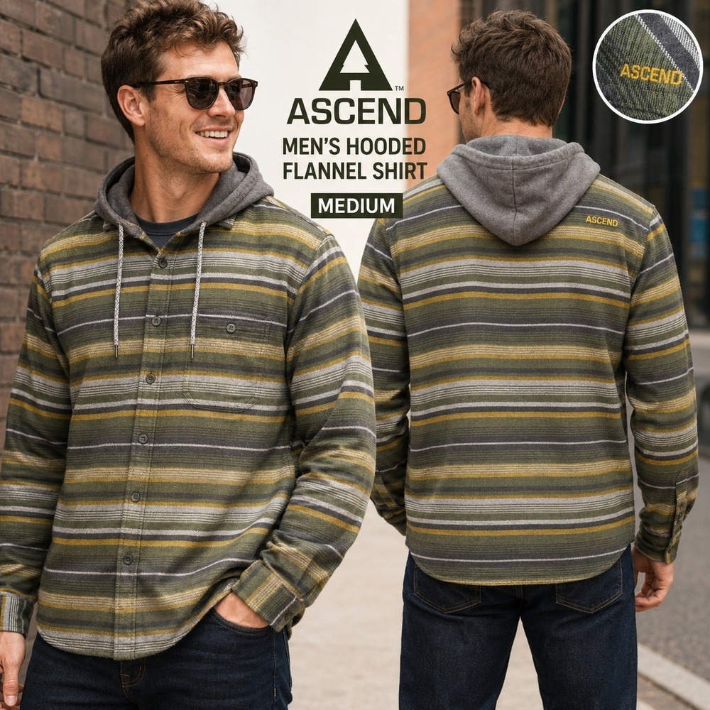 Ascend Mens Striped Hooded Flannel Shirt Green Gold Grey ACF20-8433W Medium